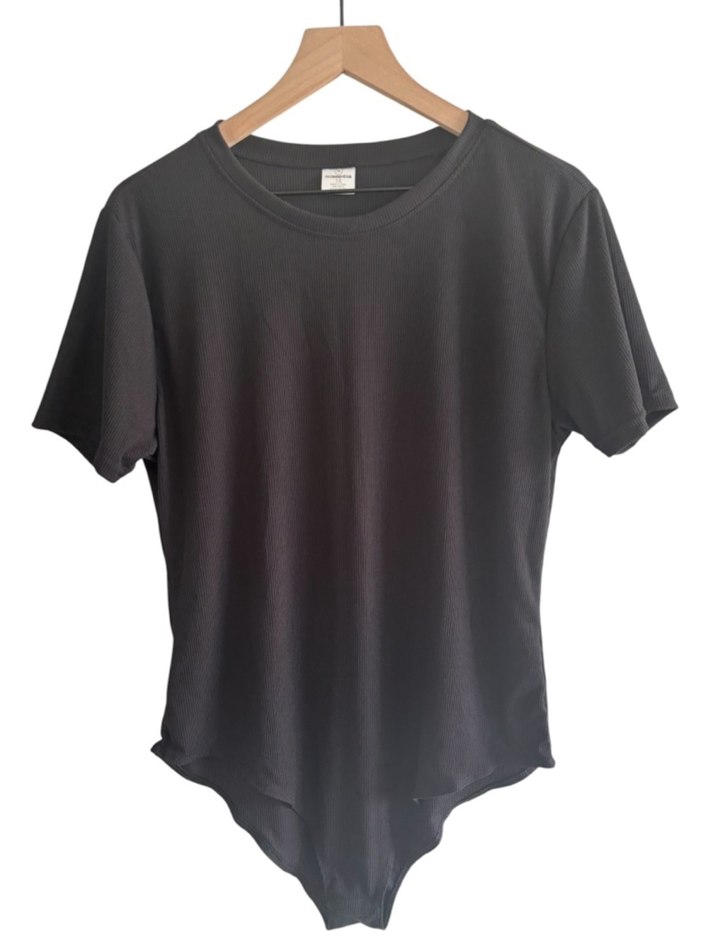 Real Essentials Black Ribbed Bodysuit 1X Classic Minimalist Capsule Basic